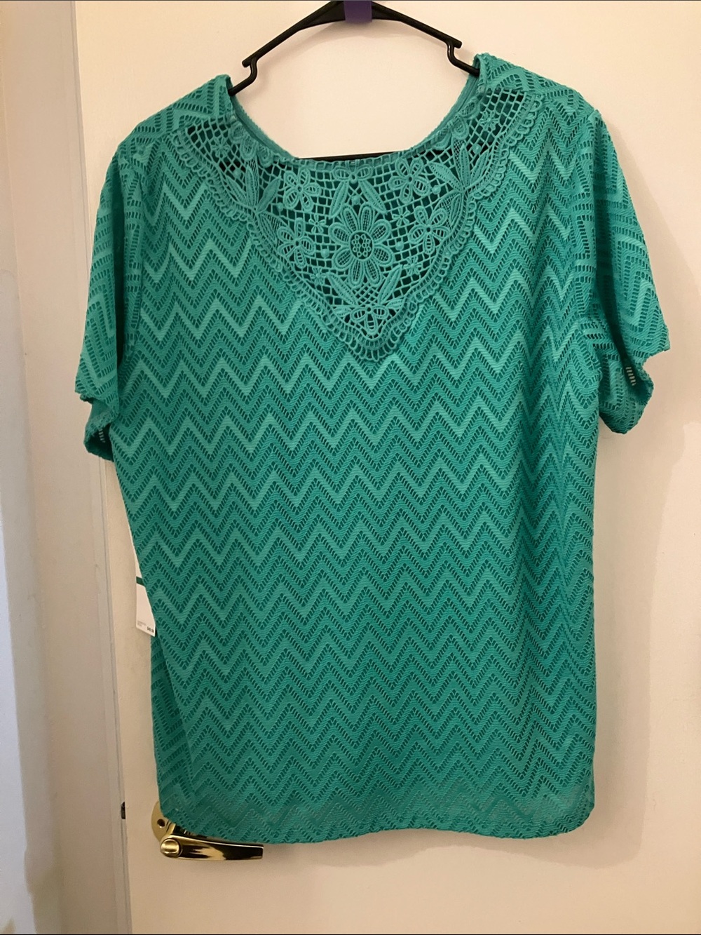 Alfred Dunner Teal Crochet Yoke Chevron Short Sleeve Top